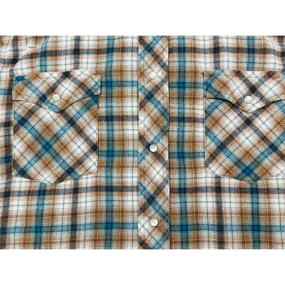 NWOT Wrangler Western Pearl Snap Flannel‎ Shirt Men's XL Brown Blue Plaid - Picture 2 of 11